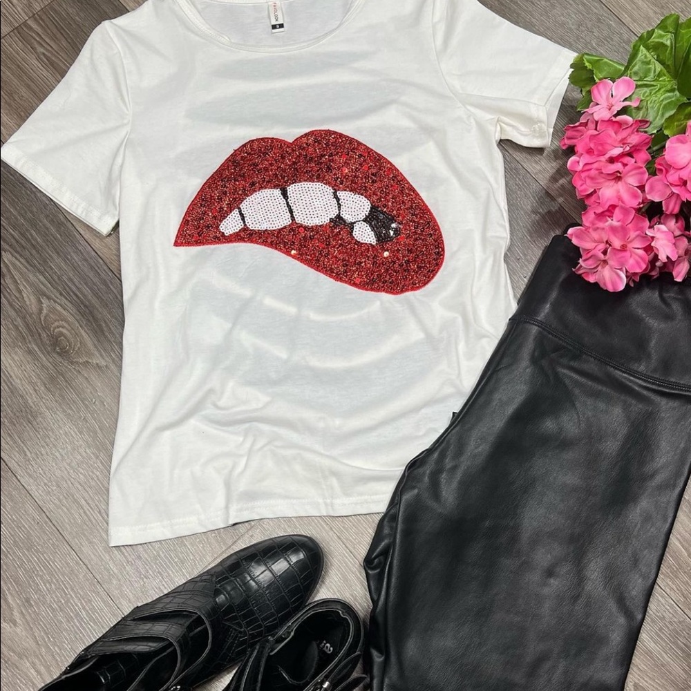 Lip biting, sparkle, punk t-shirt with ripped back